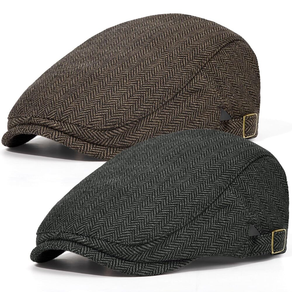 2 Pack Newsboy Cap for Men Adjustable Herringbone Tweed Wool Hats